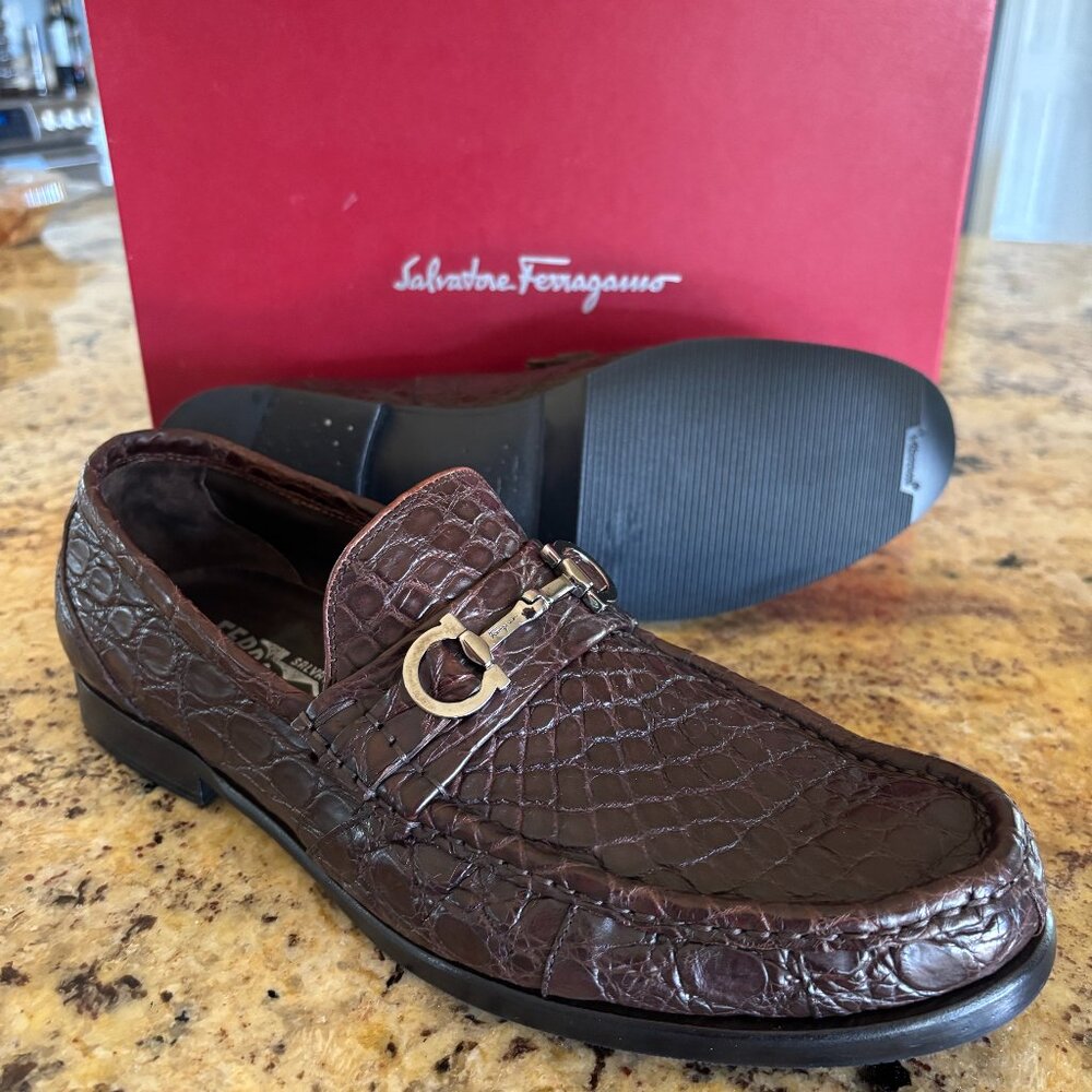 Salvatore Ferragamo Giostra 3 Dark Brown Crocodile Horsebit Loafer- BEST OFFER